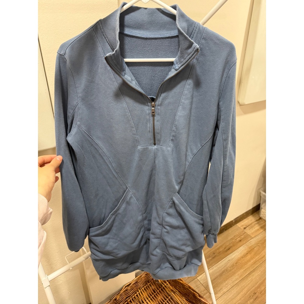 Womens Slate Blue Quarter Zip Sweatshirt Dress Mock Neck Long Sleeve Mini Tunic
